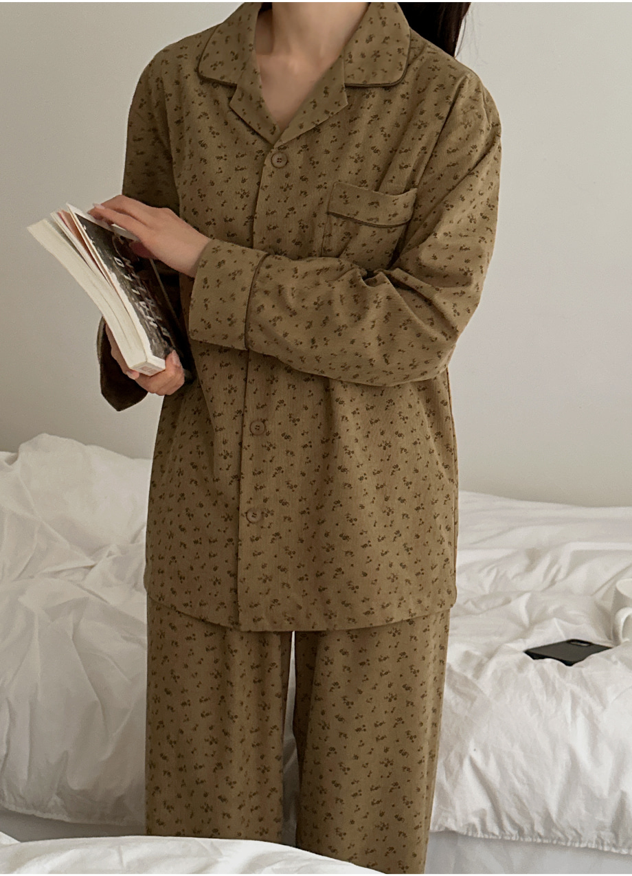リリエンコ [男女兼用] コーデュロイ配色フラワ―ウエストゴムパジャマ上下セット